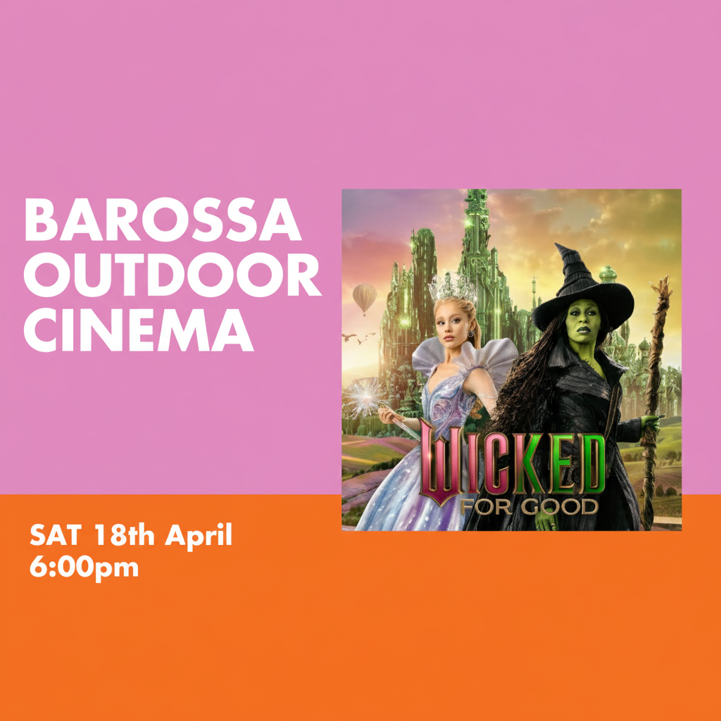 Promotional poster for Barossa Outdoor Cinema featuring 'Wicked' with a pink and orange background.